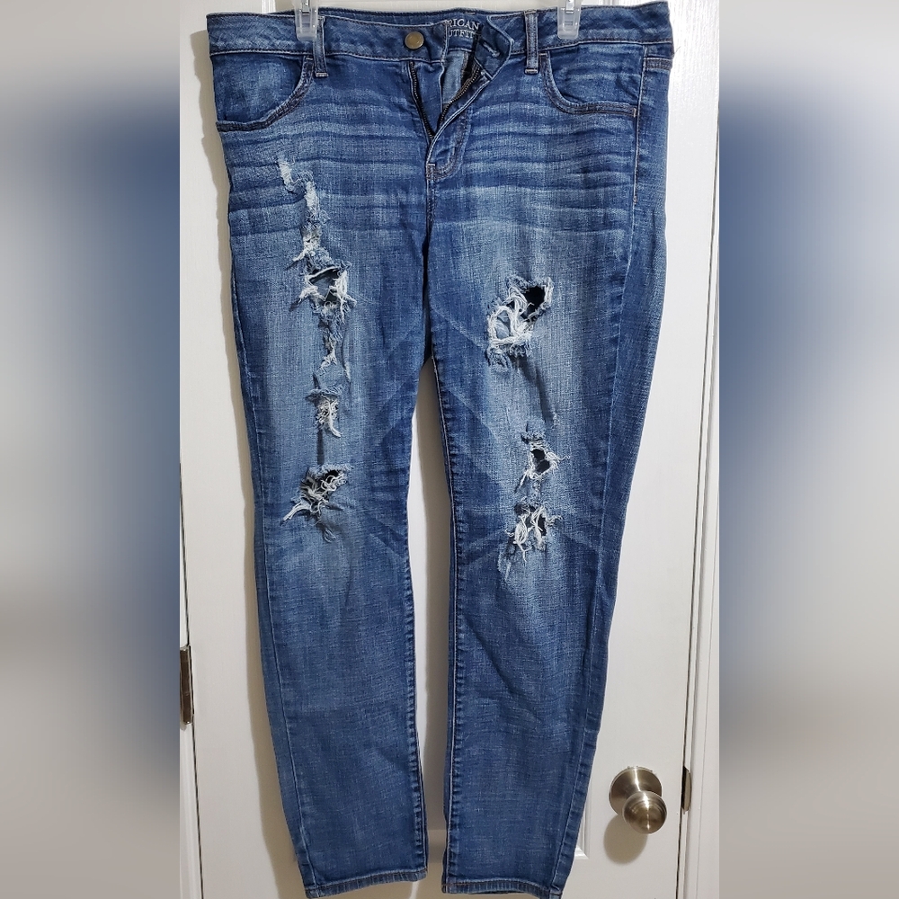 American Eagle Outfitters Blue Distressed Straight Leg Jeans